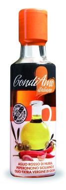 Bottiglietta di condimento all'olio extravergine di oliva, aglio rosso di Nubia e peperoncino siciliano CondiAmo Italiano